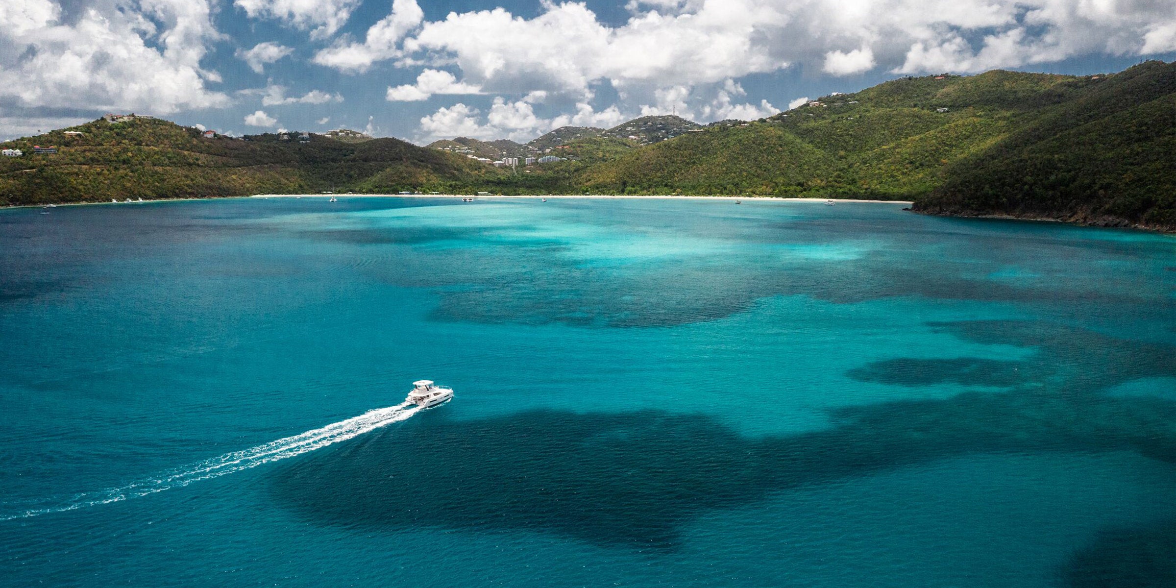 Drone view of power yacht in Magens Bay, USVI